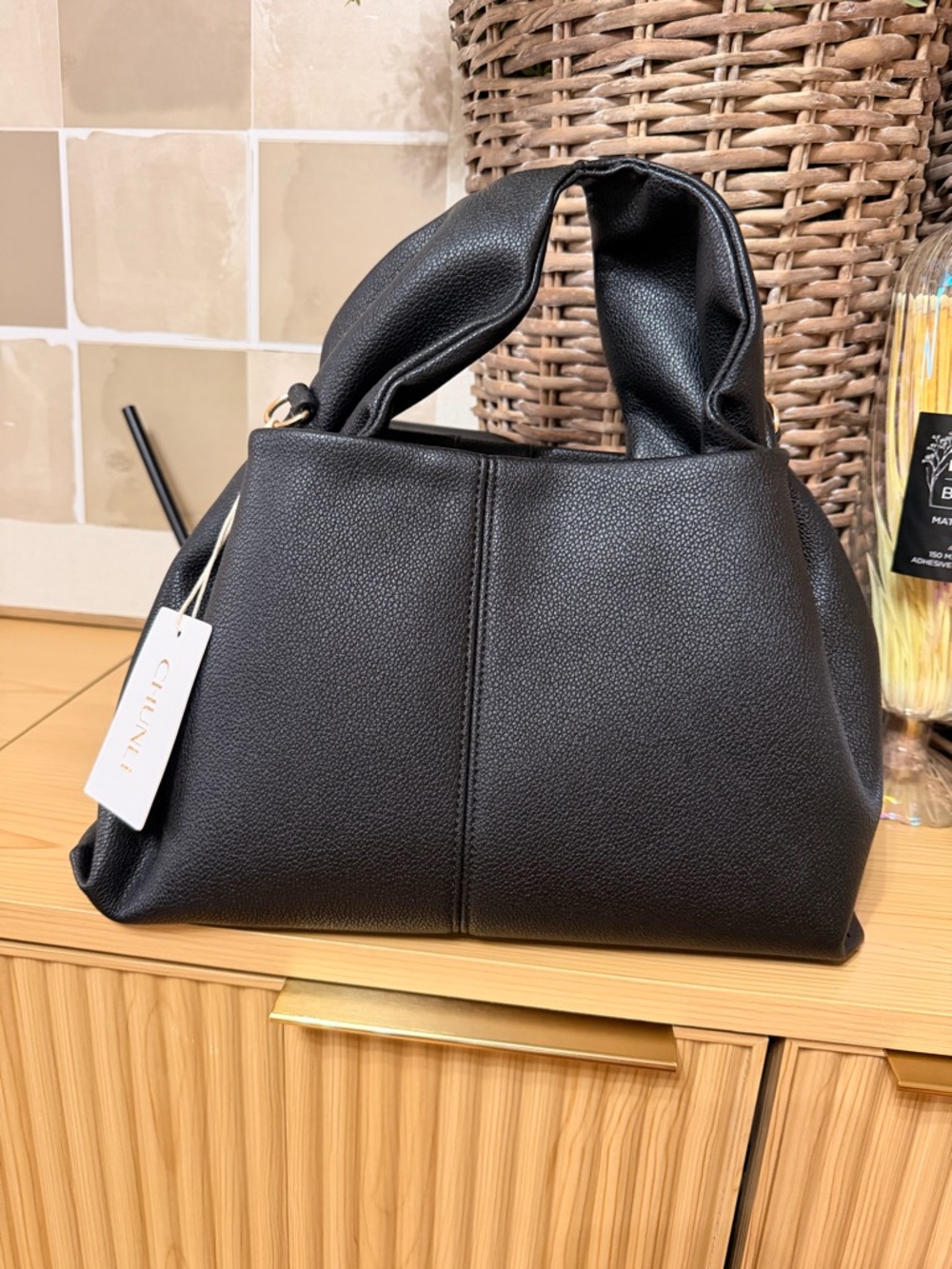 Black Pebbled Leather Shoulder Bag with Soft Top Handle